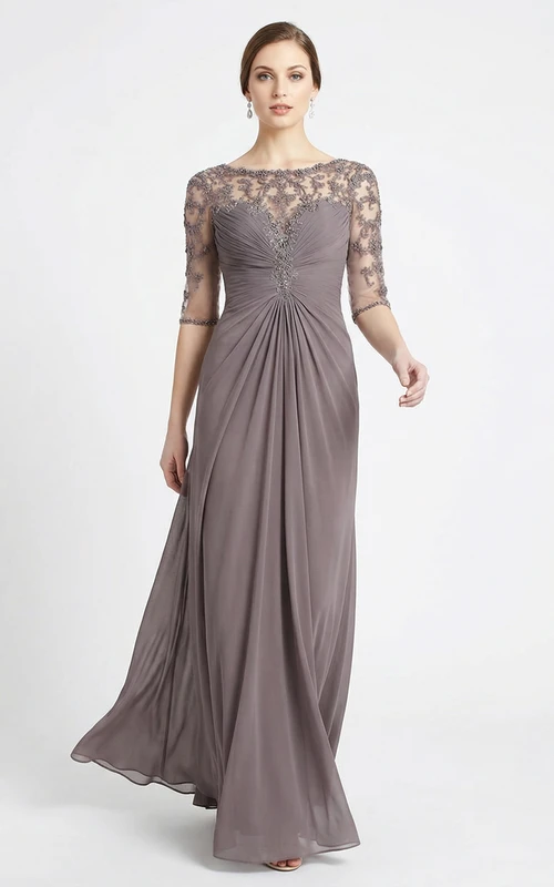 Robe en mousseline à col bateau froncé et manches mi-longues