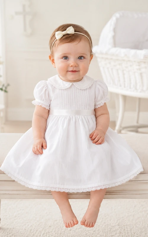 Cotton Batiste Baby Baptism A-Line Knee-Length Puff Sleeve Dress Simple Adorable Casual