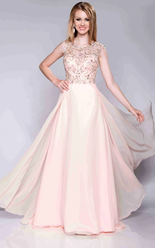 Robe de bal trapèze en mousseline de soie à manches courtes et col bateau, dos nu en forme de goutte, coupe trapèze et décolleté
