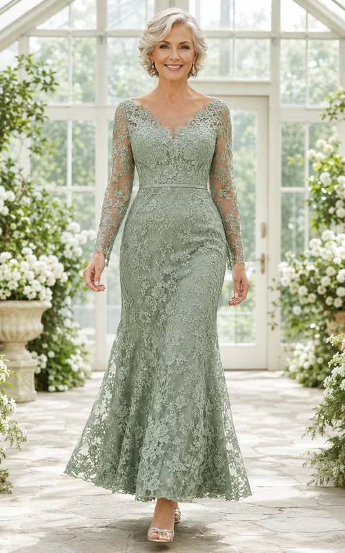 Sage Romantic V-Neck Lace Mermaid Floor-Length Mother of the Bride Dress with Long Illusion Sleeves