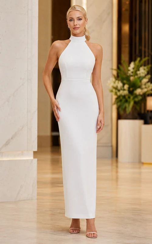 White Halter High Neck Sheath Knee-Length Satin Dress