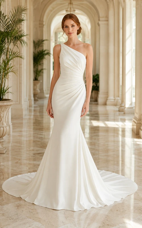 Satin Wedding Dress Mermaid One Shoulder Sleeveless Sweep Train Bridal Gown