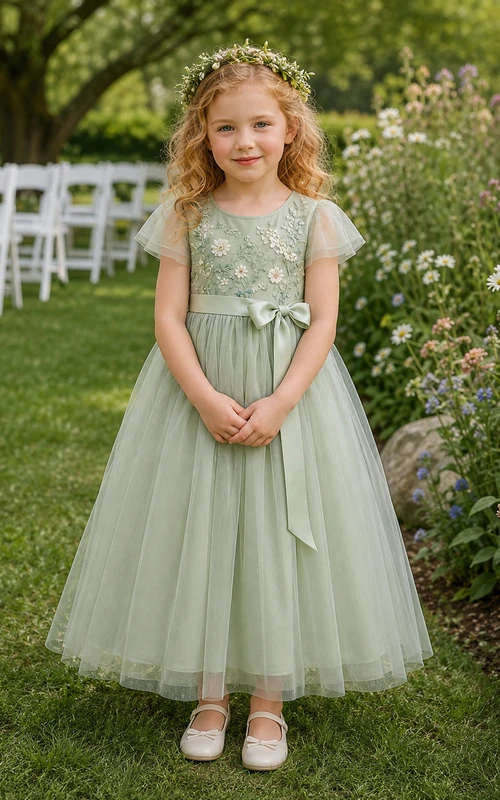 Vestido de niña de las flores color salvia, encaje, tul, corte en A, manga corta, escote redondo, largo midi, detalle de fajín.
