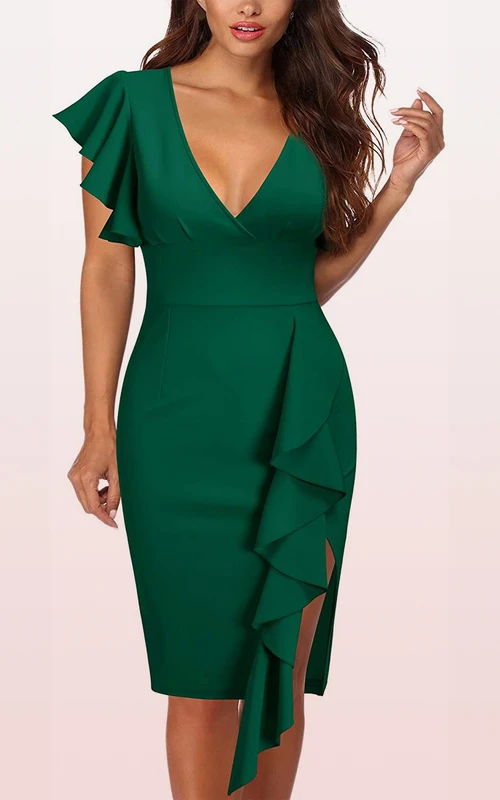 Elegantes, knielanges Bleistiftkleid aus Taft mit kurzen Ärmeln und Rüschen