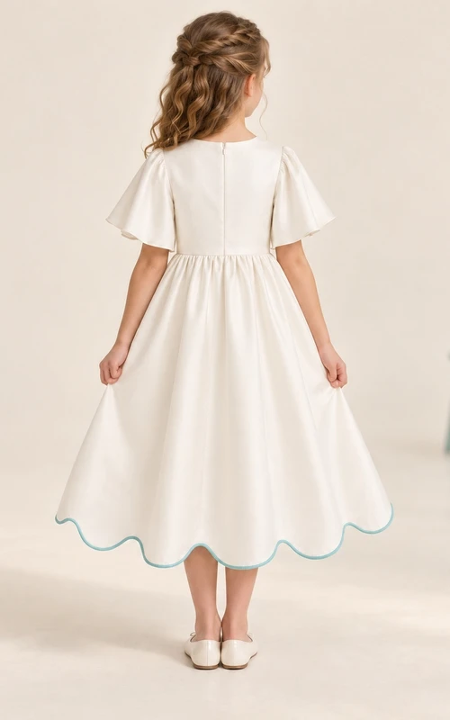Modest Simple Ivory Tea-length Open Flutter Sleeve Broad Scalloped Satin Flower Girl Dress