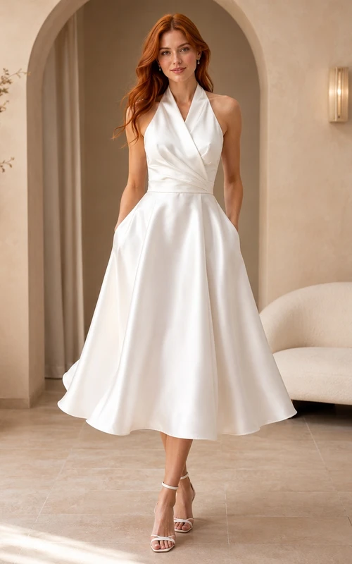 Elegantes, tailliertes A-Linien-Brautkleid aus Satin mit Neckholder und Drapierung für standesamtliche Hochzeiten