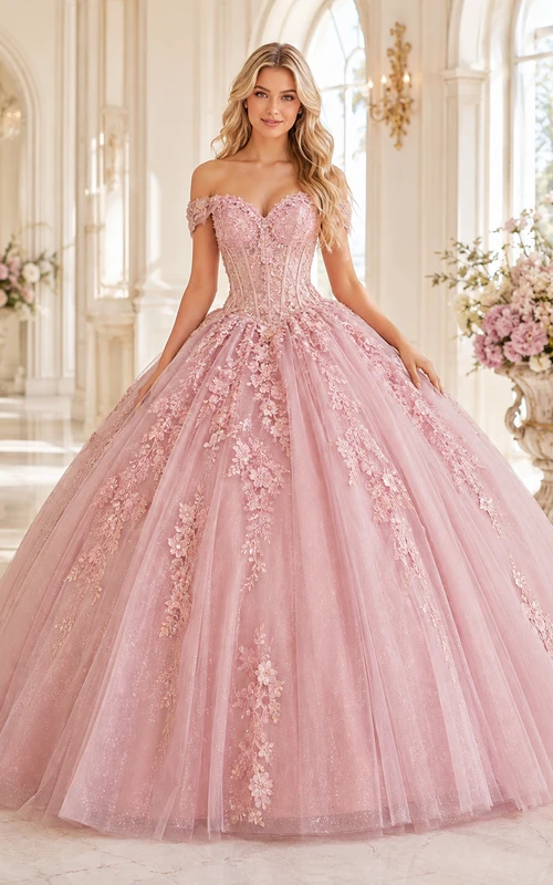 Vestido de quinceañera largo hasta el suelo, de lujo, color rosa empolvado, con hombros descubiertos, bordados florales y encaje, tul y vestido de gala.