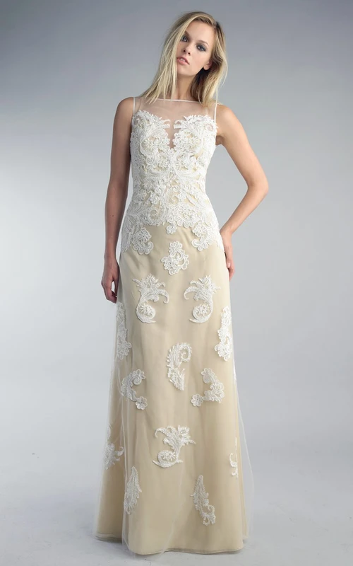 Vestido tubo largo hasta el suelo, cuello alto, sin mangas, de encaje y espalda en V baja
