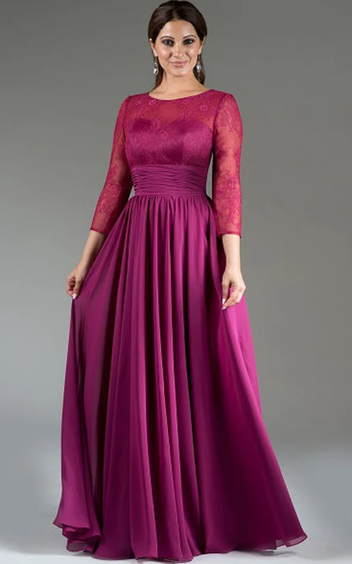 Scoop Neck Lace Top A-Line Pleated Chiffon Long Mother Of The Bride Dress With 3-4 Sleeves