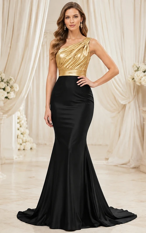 Schwarzes und goldenes, einseitig schulterfreies, zweiteiliges, bodenlanges Abendkleid aus Satin,