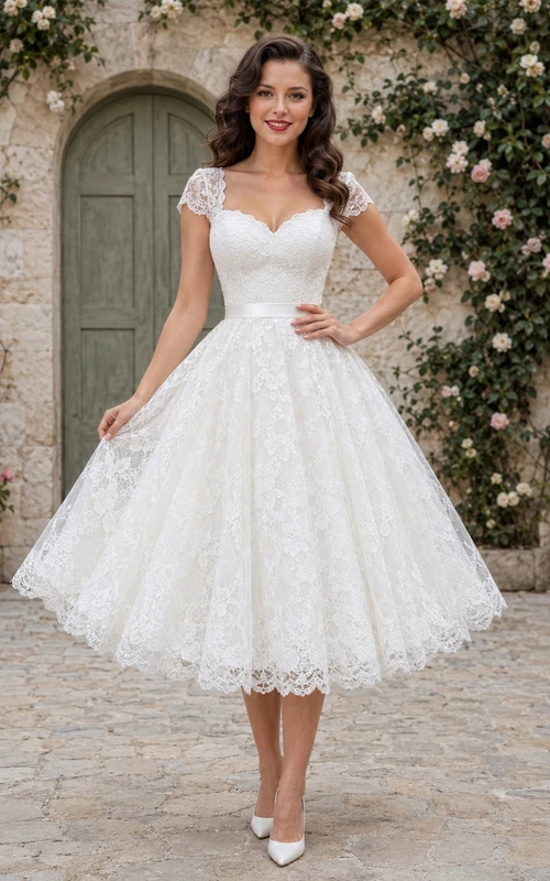 Vintage Sweetheart Cap Sleeve Lace A-Line Tea-Length Romantic Courthouse Wedding Dress