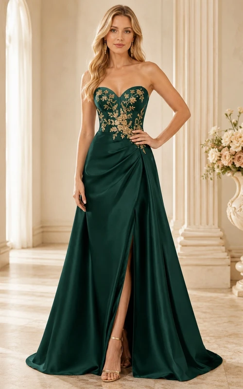 Dark Green Gold Floral Applique Strapless Sweetheart Satin A-Line Sweep Train Evening Gown