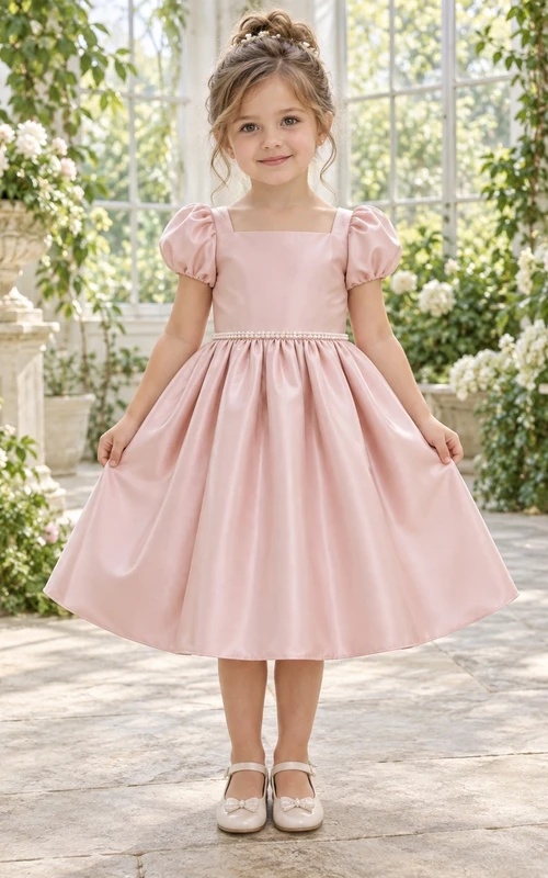 Schlichtes, knielanges, rosafarbenes Sommerkleid aus Satin mit eckigem Ausschnitt und Puffärmeln in A-Linie für Blumenmädchen