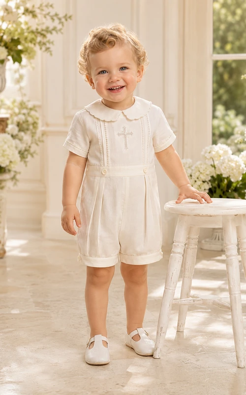 White Cross Pintuck Collar Short Sleeve Christening Romper for Baby Boy