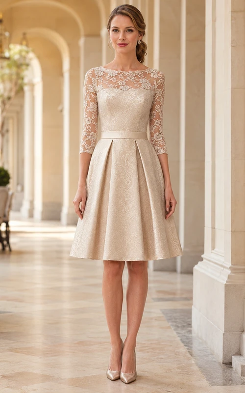 Robe de confirmation trapèze en satin à manches trois quarts en dentelle illusion de bateau champagne