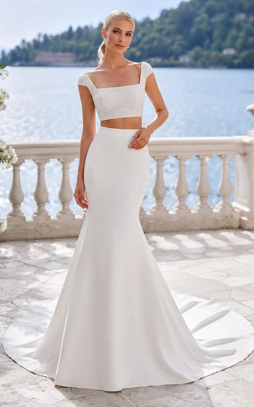 Modern Square Neck Satin Two Piece Wedding Mermaid Short Sleeve Court Train