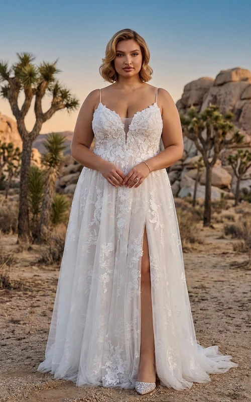 Plus Size Brautkleid in A-Linie mit tiefem V-Ausschnitt, Spaghettiträgern und Schlitz aus Spitze.