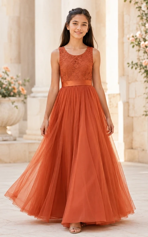 Modernes orangefarbenes ärmelloses A-Linien-Brautjungfernkleid aus Spitze und Tüll mit Schmucksteinen, bodenlang
