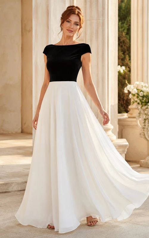 Vestido formal modesto de gasa de manga corta, corte A, largo hasta el suelo, con escote barco, de la marca Orangerie, en color blanco contrastante.
