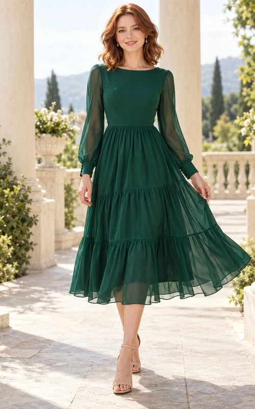 Robe de bal modeste en mousseline verte à manches longues, col rond et volants, longueur thé.