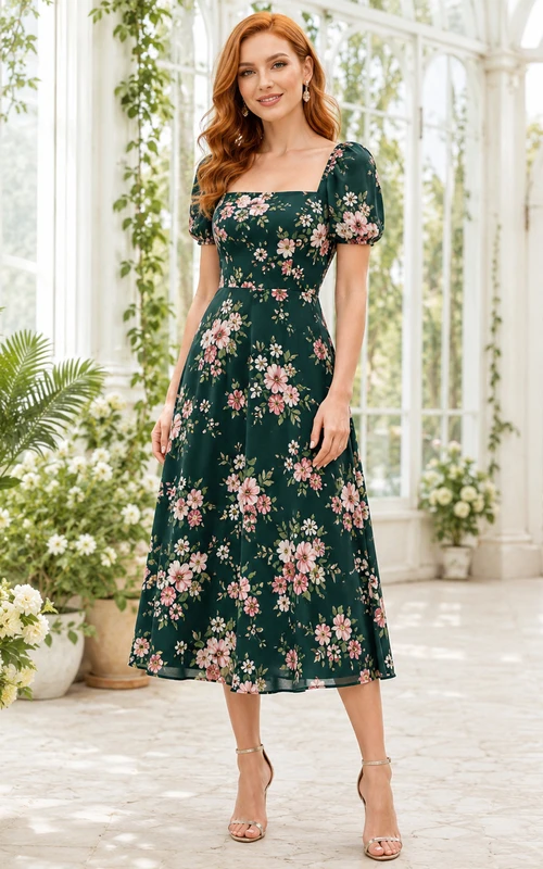Vestido midi de invitada con cuello cuadrado y mangas abullonadas, estampado floral verde oscuro.