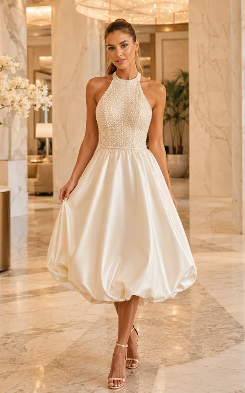 Simple Tea-length Sleeveless Bridal Ceremony Formal Halter A-line Dress