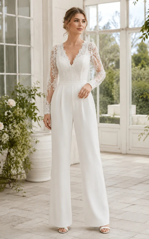 Combinaison de mariage civil à col en V, manches longues en dentelle illusion et jambes larges