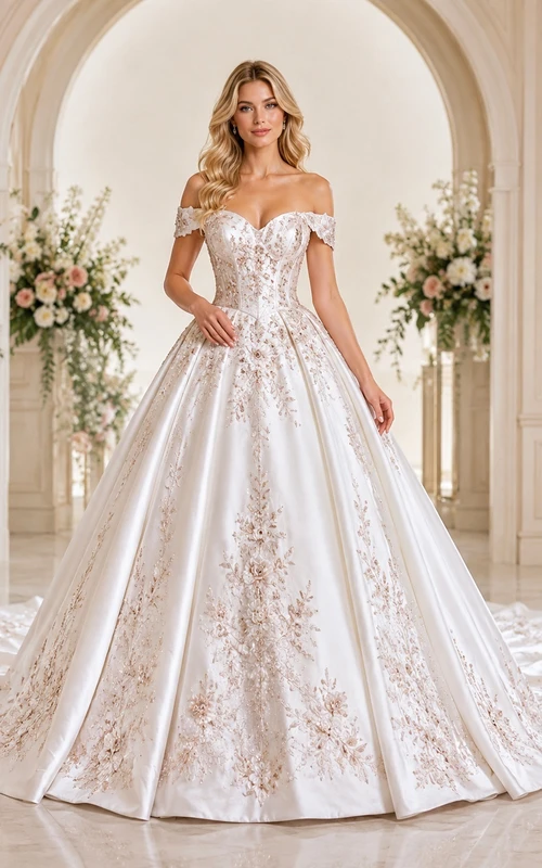 Brautkleid im Ballkleid-Stil in Roségold mit Blütenblattmuster, schulterfrei, kurzen Ärmeln und bodenlanger Kathedralenschleppe – ein luxuriöses Kleid