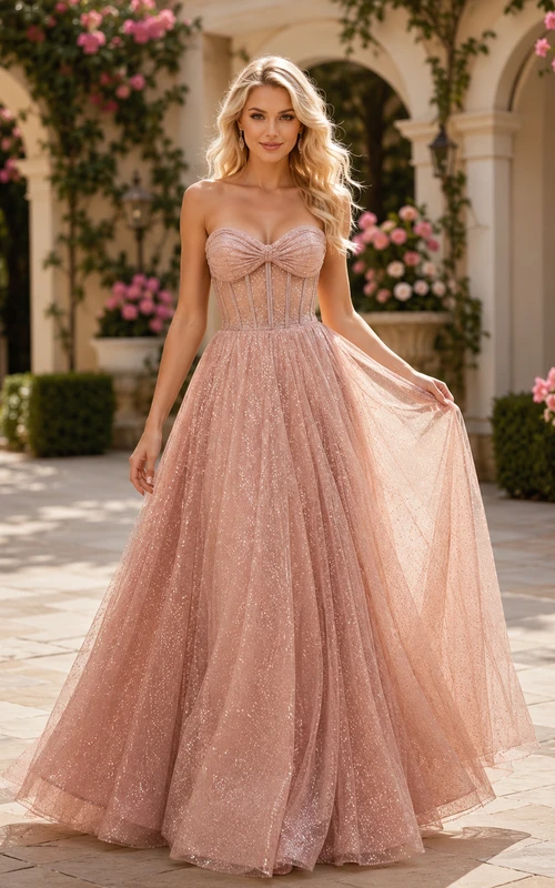 Vestido de fiesta largo hasta el suelo con lentejuelas color rosa empolvado y corsé de tirantes finos.