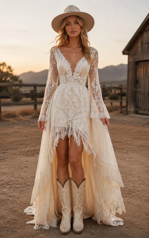 Western Vintage Country A-Line Wedding Dress Long Bell Sleeve V-Neck Lace High-Low Chapel Train Ivory