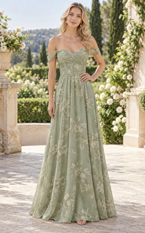 Vestido de dama de honor de gasa de corte A, largo hasta el suelo, con mangas cortas y estampado floral verde salvia.