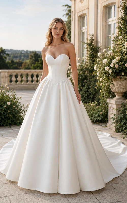 Strapless Satin Ball Gown with Chapel Train