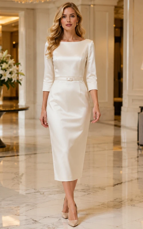 Vestido de madre elegante y discreto, de satén color marfil, corte recto, largo hasta la rodilla, estilo barco, mangas tres cuartos.