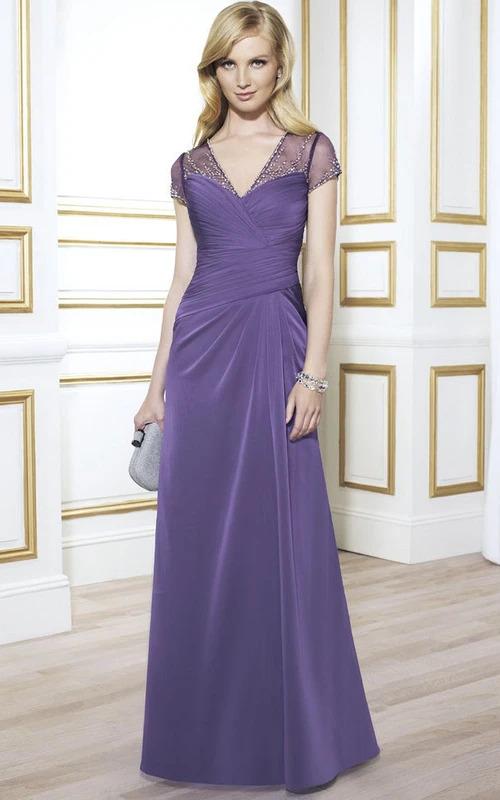 Robe de mère de la mariée en jersey à col en V froncé et manches courtes ornée de perles
