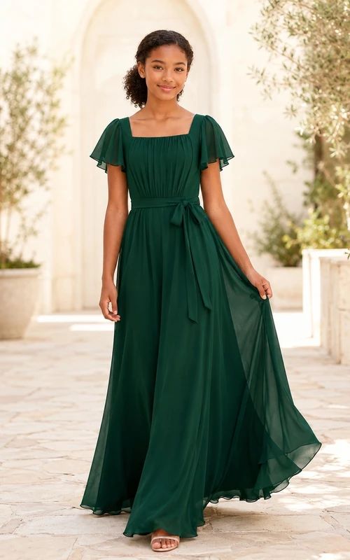 Dunkelgrünes Brautjungfernkleid im A-Linien-Schnitt mit kurzen, eckigen Ärmeln und Schärpe/Band, elegant und romantisch