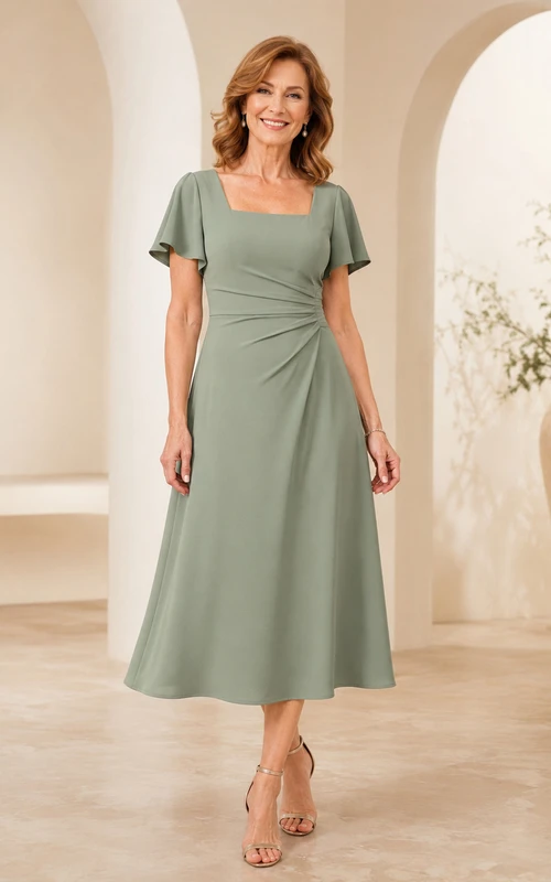 Modernes, elegantes Brautkleid für die Mutter älterer Bräute in Salbeigrün: Eckiger Ausschnitt, kurze, flatternde Ärmel, drapiertes A-Linien-Kleid in Teelänge