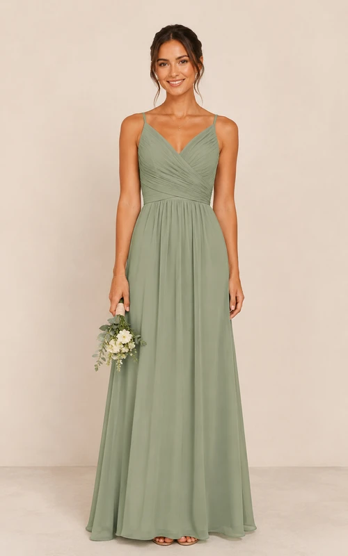 Sage Spaghetti Strap V-Neck Chiffon A-Line Bridesmaid Dress