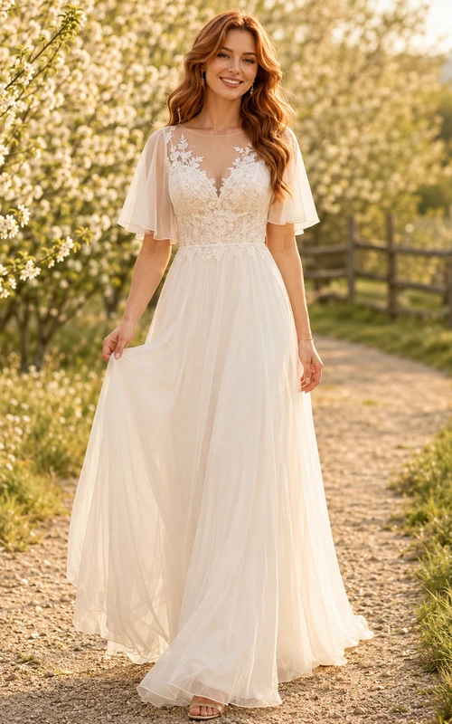 Vestido de novia campestre de tul, corte en A, escote en V, mangas con volantes, cola larga y espalda baja en V.