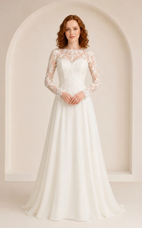 Simple Long Sleeve Lace Bateau A-Line Studio Bridal Gown