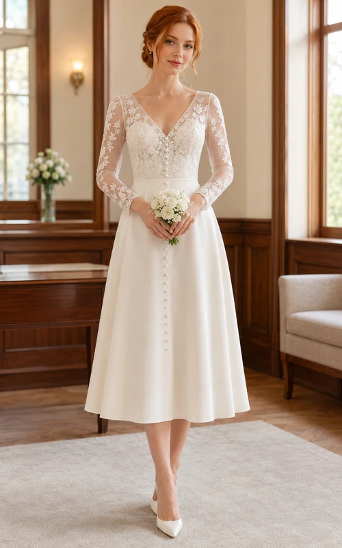 Robe de mariée mi-longue à manches longues avec corsage en dentelle illusion