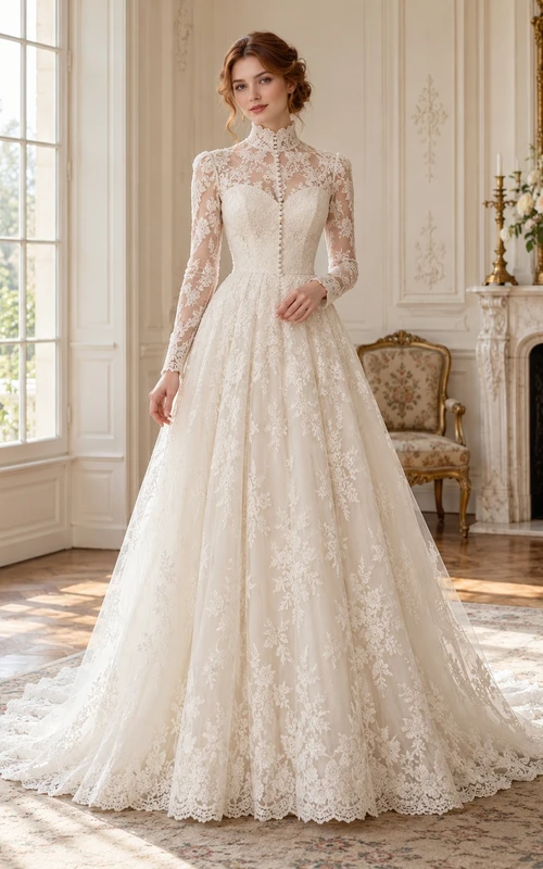 Vintage High Neck Long Sleeve Dense Lace A-Line Wedding Dress