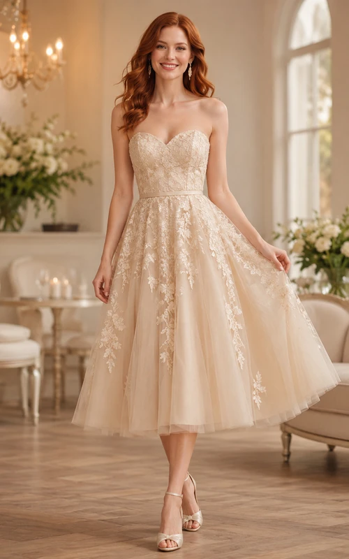 Robe de mariée mi-longue en tulle et dentelle, col V, taille naturelle