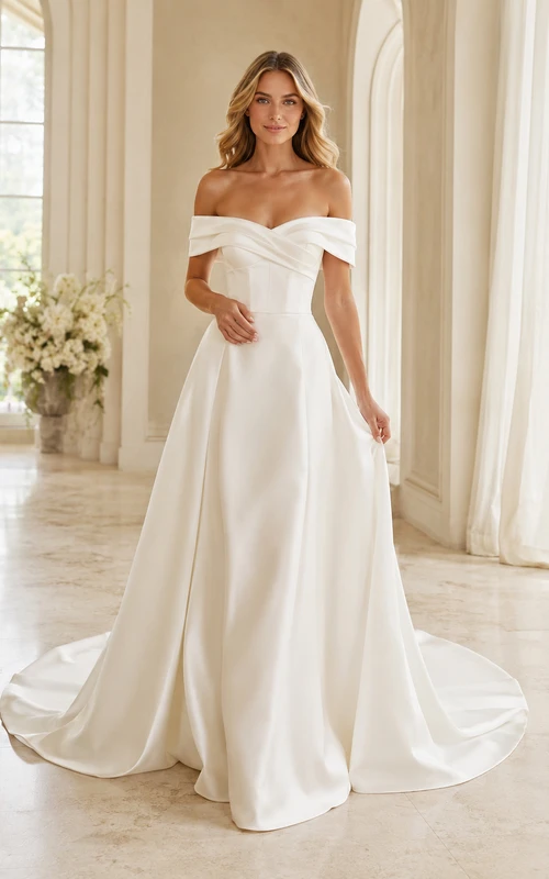 Robe de mariée style domaine, ornée de fronces, en satin raffiné, épaules dénudées, manches courtes, coupe trapèze, traîne courte et épaules tombantes.