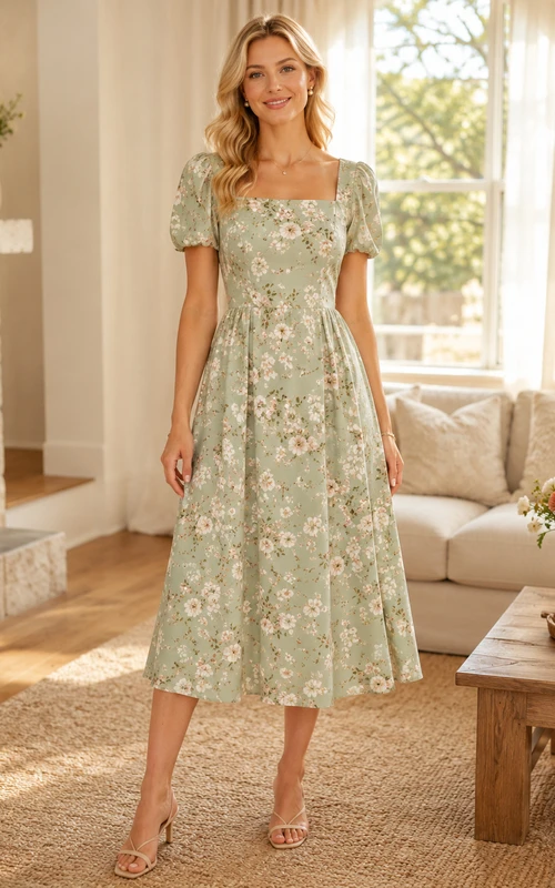 Sage Floral Square Neck Puff Sleeve A Line Midi Dress