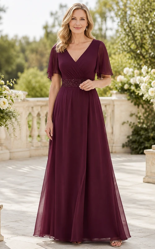 Burgundy Romantic V-Neck Chiffon A-Line Floor-Length Mother of the Bride Gown with Flutter Sleeves and Beaded Waist
