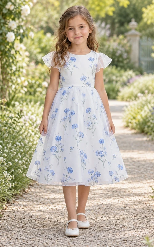Tea-length Country White Floral Cap Sleeve Organza A-line Flower Girl Dress