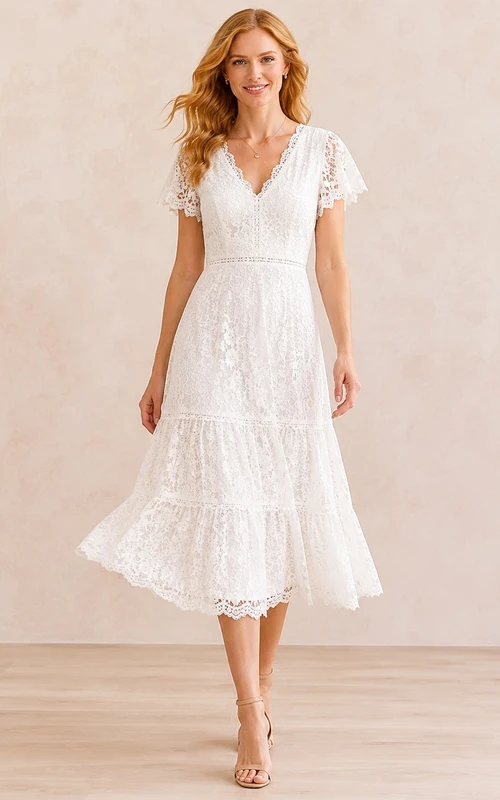 White Lace V-neck Puff Sleeve Pleated A-Line Tea-length Dress