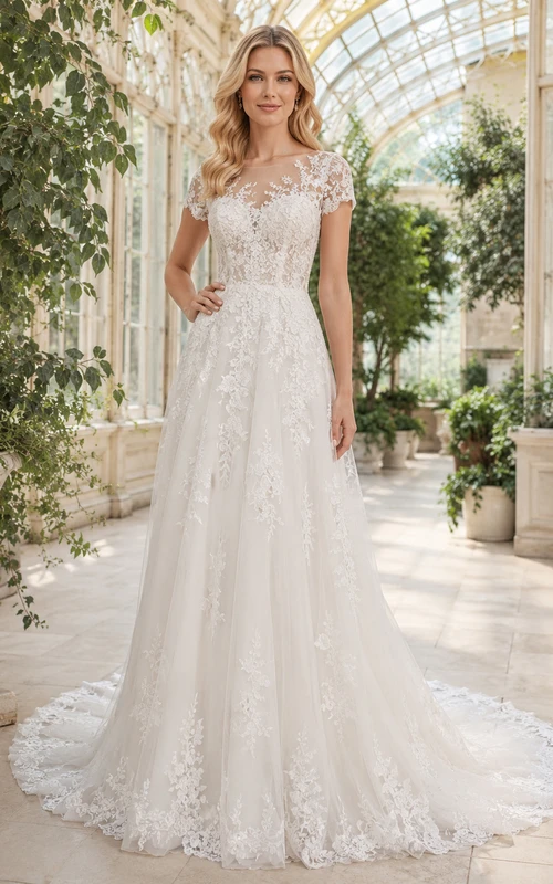 Robe de mariée romantique longue jusqu'au sol, coupe trapèze, manches courtes, en dentelle, traîne chapelle, style jardin