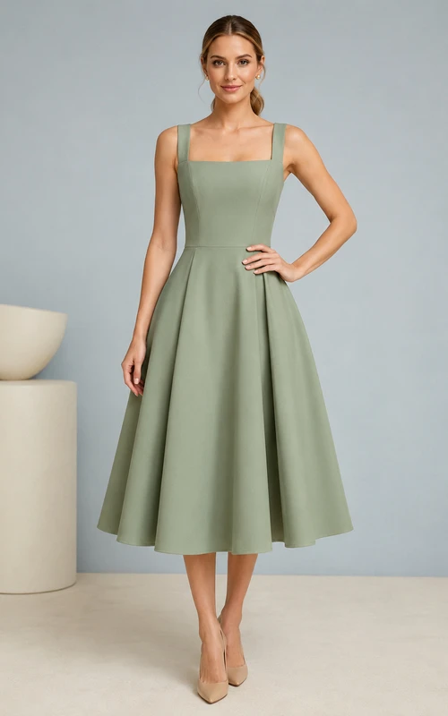 Tailored Midi Celadon A-Line Tea-Length Square Sleeveless Satin Simple Bridesmaid Dress