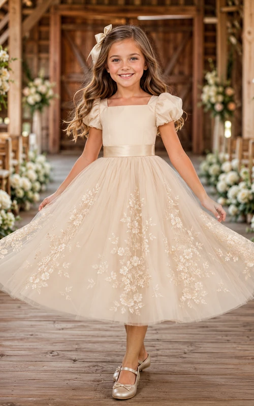 Lace Bodice Tulle A-Line Flower Girl Dress with Short Sleeves, Jewel Neck and Tea-Length Skirt
